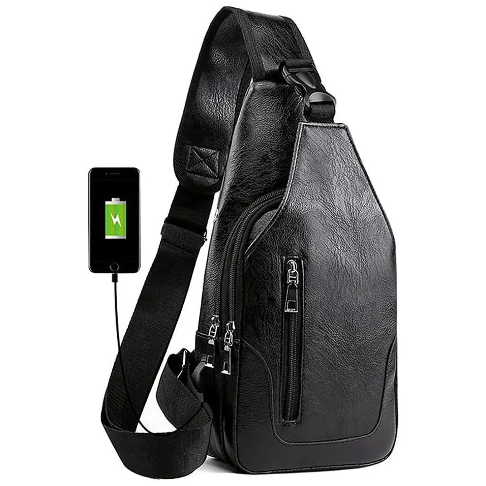 Sleek Black Men's Sling Bag with USB Charging Port